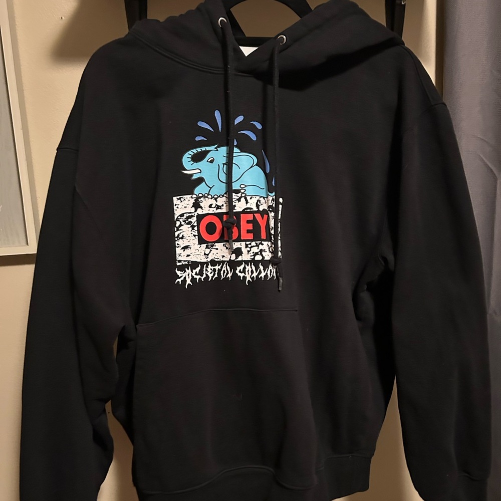Obey Black Hoodie with Blue Elephant Graphic